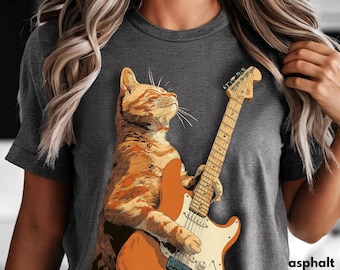 Cat Jamming on a Guitar Tee, Funny Musician Shirt for Cat Lovers, Cat on a Stratocaster T-Shirt, Guitarist Gift, Orange Cat Tee, Music Lover