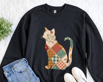 Patchwork Cat Shirt, Calico Kitten Sweatshirt, Cottagecore Graphic, Faux Quilted Crewneck, Vintage Style Shirt