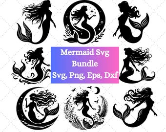 SVG de sirena, paquete SVG de sirena, clipart de sirena, archivos SVG de sirena para Cricut, silueta de sirena, paquete SVG de La Sirenita, clipart de Ariel