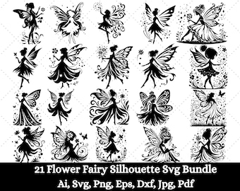 Blumenfee Silhouette-Svg-Bundle, Feen Silhouette SVG-Datei, Fee Clipart, Feen Vektor, Feen Svg, Magic World Svg, digitaler Download