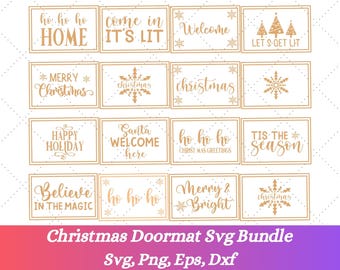 Op de afbeelding: Een verzameling kerstmatontwerpen in goud en wit. Elk ontwerp bevat feestelijke zinnen als "Welcome", "Merry Christmas" en "Let's Get Lit". De afbeelding bevat ook de tekst "Christmas Doormat Svg Bundle".