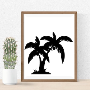 May include: Black and white silhouette of two palm trees with coconuts on a white background.