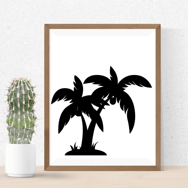 May include: Black and white silhouette of two palm trees with coconuts on a white background.