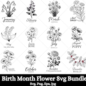 Birth Month Flowers Svg Bundle, Birth Month Flowers Png, Flower Svg, Birthday Flowers Svg, Birth Flowers Design, Birth Month Flower Line art