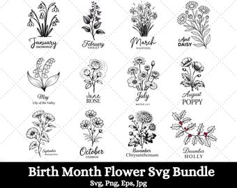 Birth Month Flowers Svg Bundle, Birth Month Flowers Png, Flower Svg, Birthday Flowers Svg, Birth Flowers Design, Birth Month Flower Line art