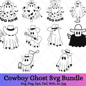 Könnte beinhalten: Eine Sammlung von schwarz-weißen Cowboy-Geister-Illustrationen. Einige Geister tragen Cowboyhüte und halten Waffen, Gitarren oder Lassos. Der Ausdruck "BOO HAW" erscheint auf einigen Designs. Der Text "Cowboy Ghost Svg Bundle" steht unten.