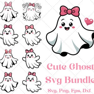 Puede incluir: Una colección de lindas ilustraciones de fantasmas de dibujos animados, cada una con un lazo rosa. Los fantasmas tienen caras sonrientes y están en varias poses. El texto "Cute Ghost Svg Bundle" se muestra en rosa, junto con información del tipo de archivo.