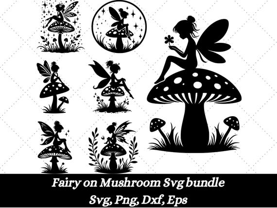 Fairy on Mushroom Svg Bundle, Fairy Silhouette Svg Bundle, Fairy Clipart, Fairy Vector, Fairies Svg, Digital Download, Magic World Svg
