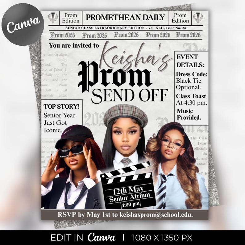 K&ouml;nnte beinhalten: Eine Einladung zum Abschlussball, gestaltet wie eine Titelseite einer Zeitung. Die &Uuml;berschrift lautet "Keisha's Prom Send Off" mit Veranstaltungsdetails. Die Einladung enth&auml;lt Fotos von drei jungen Frauen und den Text "12th May Senior Atrium 4:00 pm".