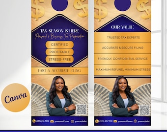 Tax Door Hanger Template, Blue Tax Prep Service Banner, Tax Season Marketing, DIY Door Hanger, Tax Pro Retractable Banner Canva Template