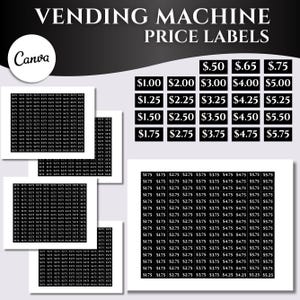 Könnte beinhalten: Schwarz-weiße Preisetiketten für Warenautomaten mit Preisen von 0,50 € bis 5,75 €. Die Etiketten sind in einem Raster angeordnet, ideal für die Preisauszeichnung von Produkten.