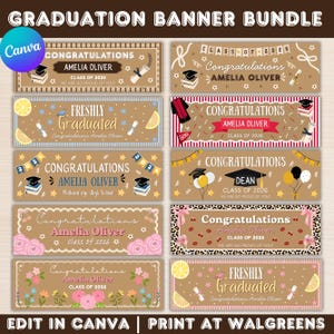 May include: A digital graduation banner bundle featuring ten distinct designs with the text Congratulations, Amelia Oliver, and Class of 2026. The banners include various illustrations like graduation caps, diplomas, flowers, lemons, and balloons.