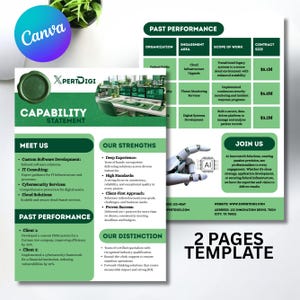 May include: A two-page template with a green and white color scheme. The first page features a company logo, "Capability Statement," and sections for "Meet Us," "Our Strengths," and "Past Performance." The second page includes "Join Us" and contact information.