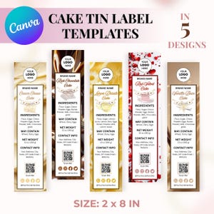 May include: Cake tin label templates in five designs. Each label features a different cake flavor: Cream Cheese, Rich Chocolate, Lemon Drizzle, Red Velvet, and Vanilla Bean. The labels are 2 x 8 inches.
