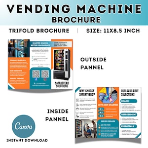 May include: A trifold brochure for vending machines, size 11x8.5 inches. The brochure features the text "VENDING MACHINE BROCHURE" and "SMARTVEND SOLUTIONS". The brochure includes information about snacks, refreshments, and essentials.
