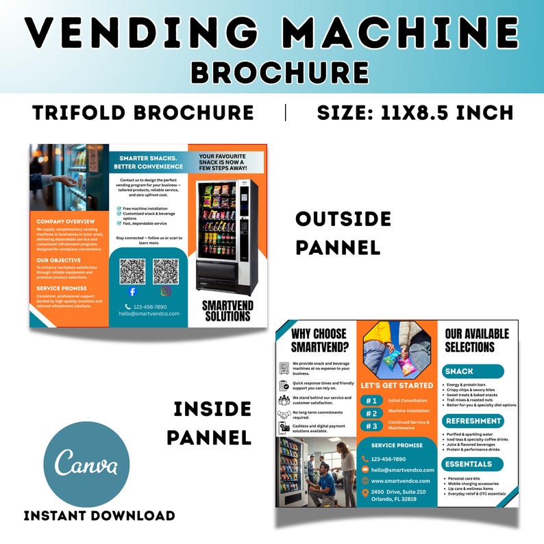 May include: A trifold brochure for vending machines, size 11x8.5 inches. The brochure features the text "VENDING MACHINE BROCHURE" and "SMARTVEND SOLUTIONS". The brochure includes information about snacks, refreshments, and essentials.