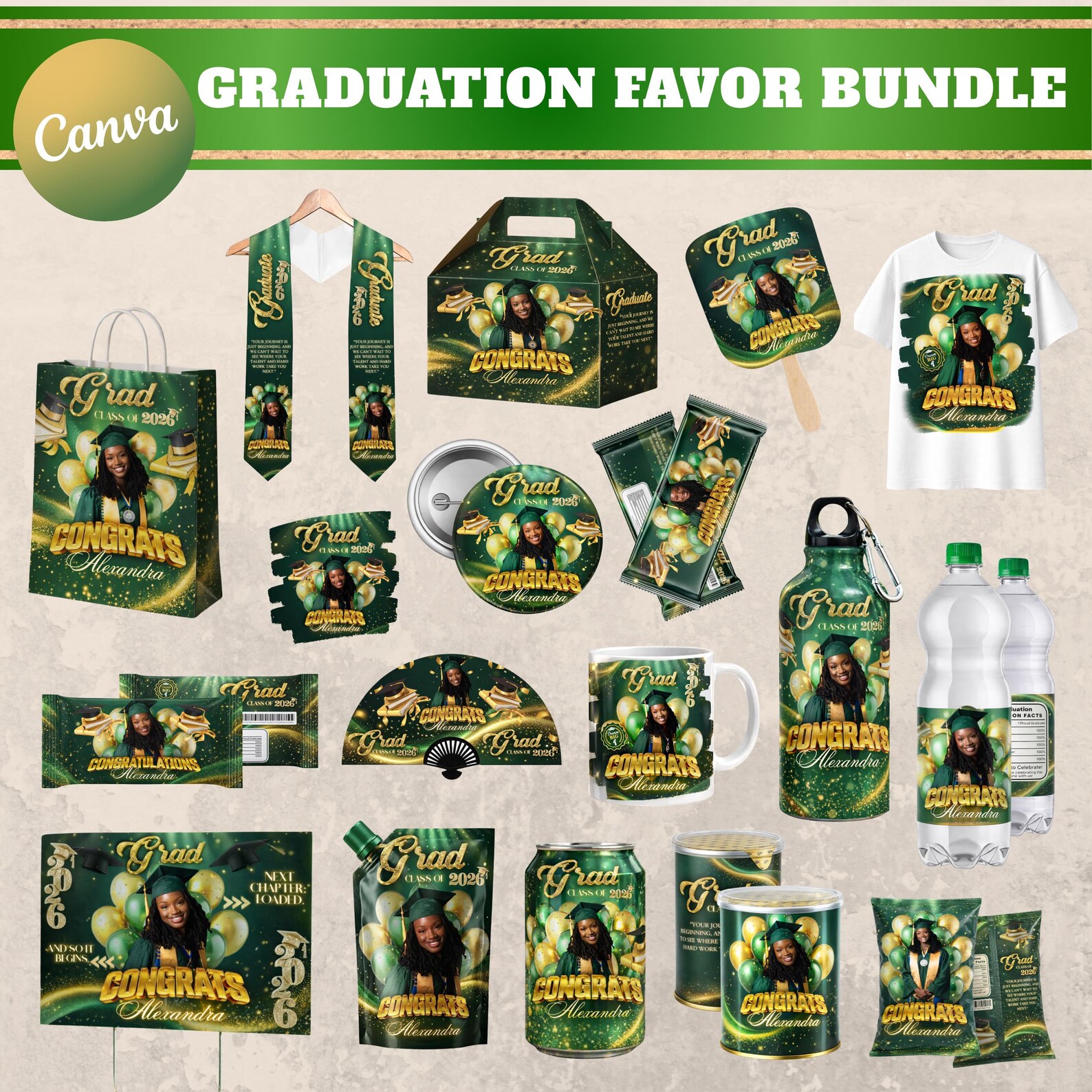 Graduation Party Favor Bundle, Gold and Green Class of 2026 Treat ...