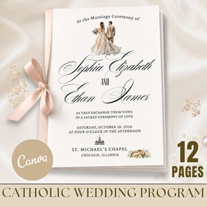 May include: A 12-page Catholic wedding programme booklet featuring a light pink ribbon tie. The cover displays an illustration of a couple, the names Sophia Elizabeth and Ethan James, the date 18 October 2026, and St. Michael's Chapel in Chicago.