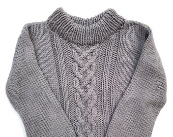 Handknit Chunky Wool Sweater - Women's Small/Medium S/M - Gray - Scottish Cable