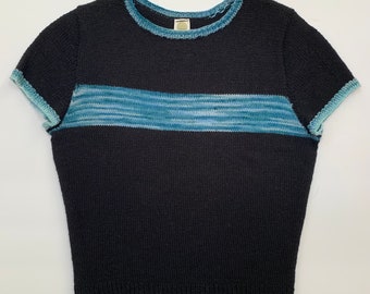 Handknit Cropped Tee - Short Sleeve - Small S - Black Blue Stripe Retro - Women's Shirt