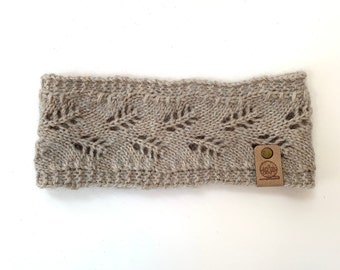 Handmade Knit Fern Headband Ear Warmer - Wool Mohair Silk - Greige - Adult