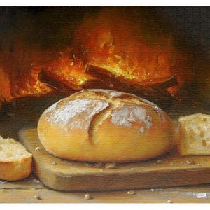 Può includere: Primo piano di tre pagnotte di pane su un tagliere di legno. Il pane è dorato e croccante, e lo sfondo è un camino caldo e accogliente.