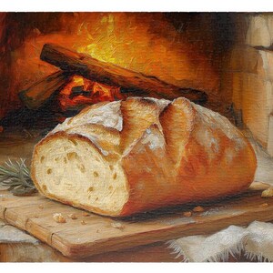 Può includere: Una pagnotta di pane appena sfornato si trova su un tagliere di legno, con un camino rustico sullo sfondo. Il pane è di colore marrone dorato e ha una crosta croccante. Il tagliere è in legno e ha una finitura naturale. Il camino è in mattoni e ha un fuoco acceso al suo interno.