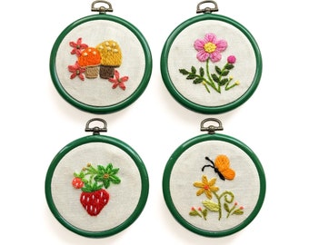 Set of 4 Small Vintage 70s Crewels - Mushrooms Strawberries Flowers Butterfly - Framed in 3.5'' Green Embroidery Hoops with Loop Tops