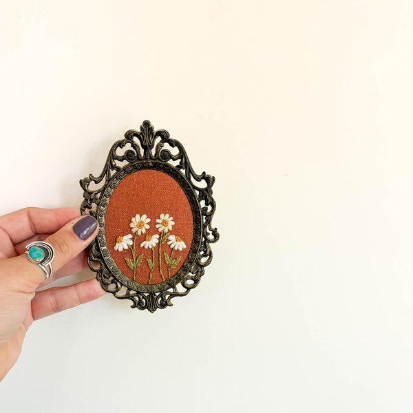 Vintage Italian Brass Ornate Oval Frame with Hand Embroidered Flowers 3.75'' x 5'' Off-White Daisies on Burnt Orange