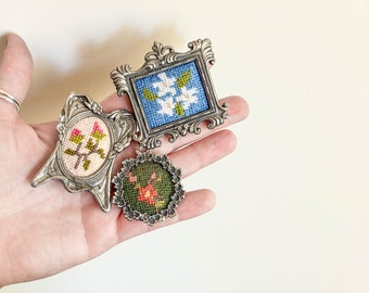 Set of 3 Vintage Ornate Tiny Frames with Needlepoint Florals - Dollhouse - Victorian - Cute