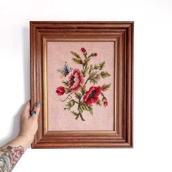 vintage butterfly + flower pastel pink needlepoint - 10x13 wood frame