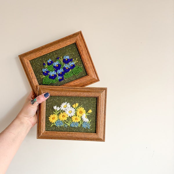 Set of 2 Framed Vintage Floral Crewel Yarn Embroidery in 5 x7 Wood Frame - Wall Hanging Fiber Art Decor