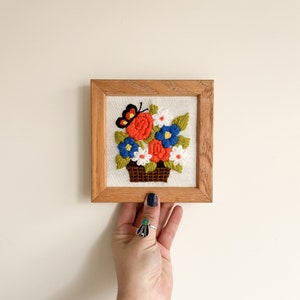 Vintage Framed Butterfly and Flower Basket Crewel Yarn Embroidery In 6'' x 6'' Square Wood Frame