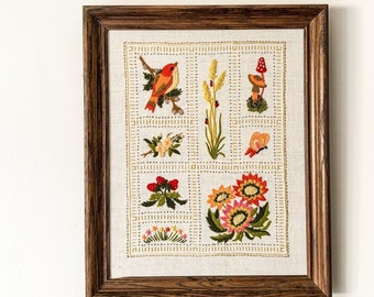 Framed Vintage 1970s Collage Shadowbox Crewel Yarn Embroidery LARGE 16x20 Wood Frame Mushrooms Butterfly Floral Flowers Bird Strawberries