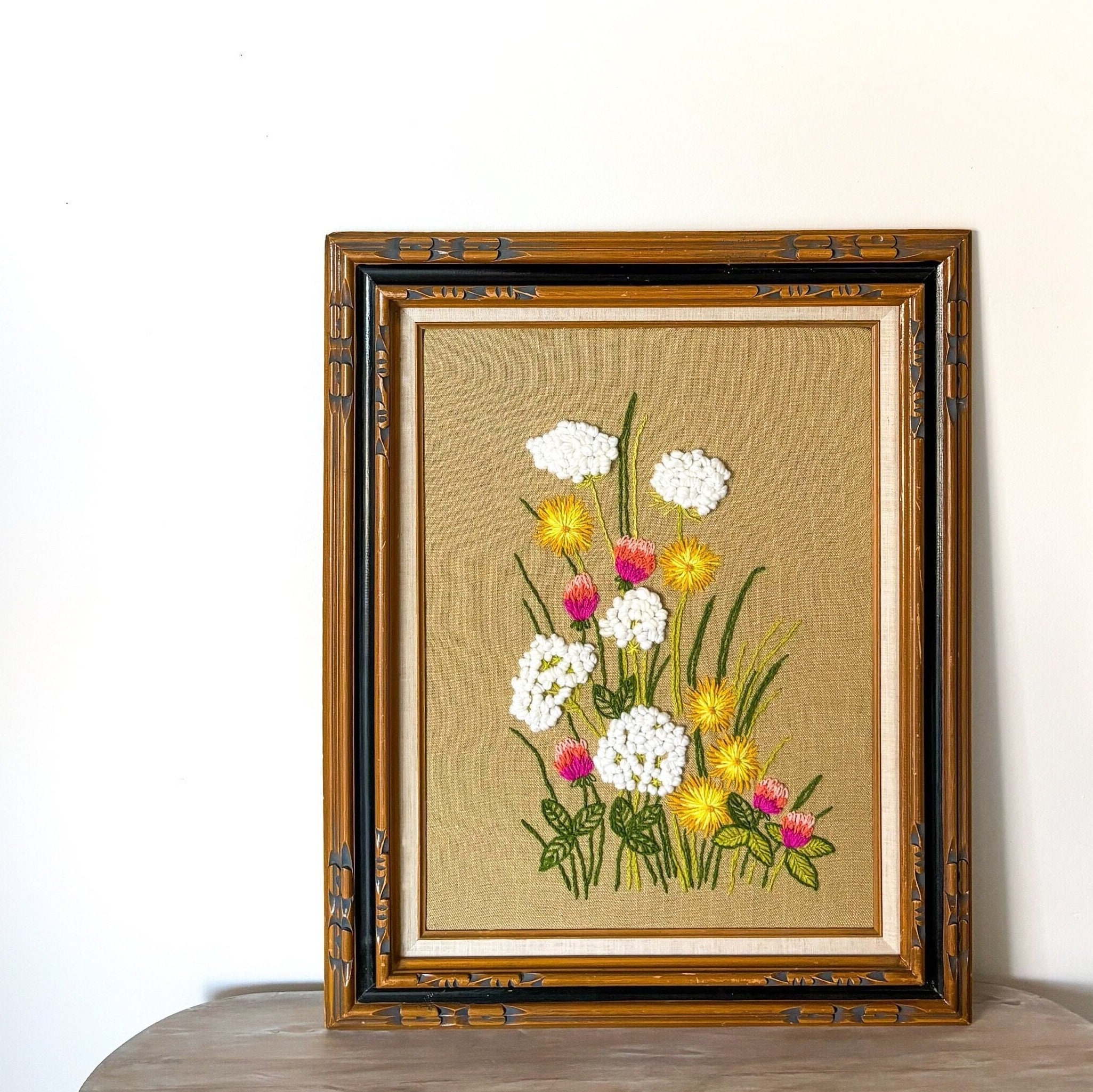 Broderie Crewel vintage suédoise des années 70, fleurs rétro, fruits, coussin, sac ou décoration murale - France