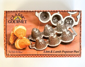 vintage 1986 John Wright Cast Iron Lion & Lamb Popover Moule à muffins NEUF avec boîte