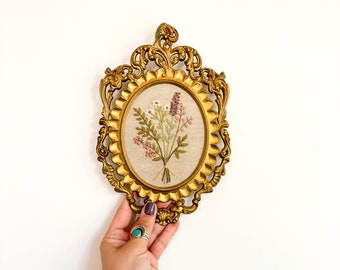 Vintage Ornate Gold-tone Baroque Plastic Frame with Hand Embroidered Flowers Floral Bouquet 7.25'' x 10.5''