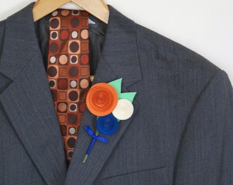 Men's Boutonniere - Wedding Paper Flower Boutonniere with Pin in Pumpkin Orange, Royal Blue, and Ivory - Traditional Boutonniere Style