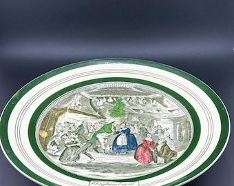 William Adams & Sons ceramic plate depicting "Christmas Eve at Mr. Wardle's" from Dickens' Pickwick Papers. Circa 1840s-1860s