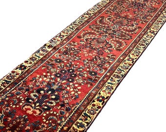 3x13 ft Vintage Red Floral with Dark Border Runner Rug, Handmade, 2' 11" x 12' 10"