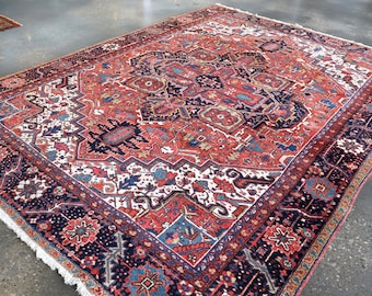 Vintage Red Geometric Medallion Wool Rug, Hand-Knotted, 9' 5" x 12' 10"