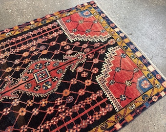 90 x 1,50 m vintage svart och korallröd blommig ullmatta, handknuten, 90 x 120 cm