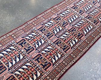 Tappeto passatoia afghano Baluch di alta qualità, stile vintage tribale stretto: in lana annodata a mano, 84 x 391 cm.