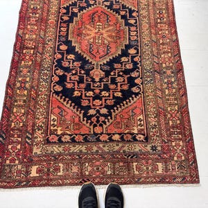 Tribal Vintage Runner Rug: Hand-Knotted Wool, Red Pink Gold Blue, 4&#39;1&quot; x 10&#39;3&quot;