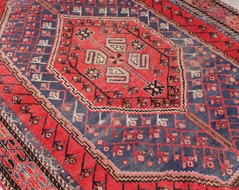Vintage Red and Navy Geometric Wool Rug, Hand-Knotted, 5' 5" x 7' 3"