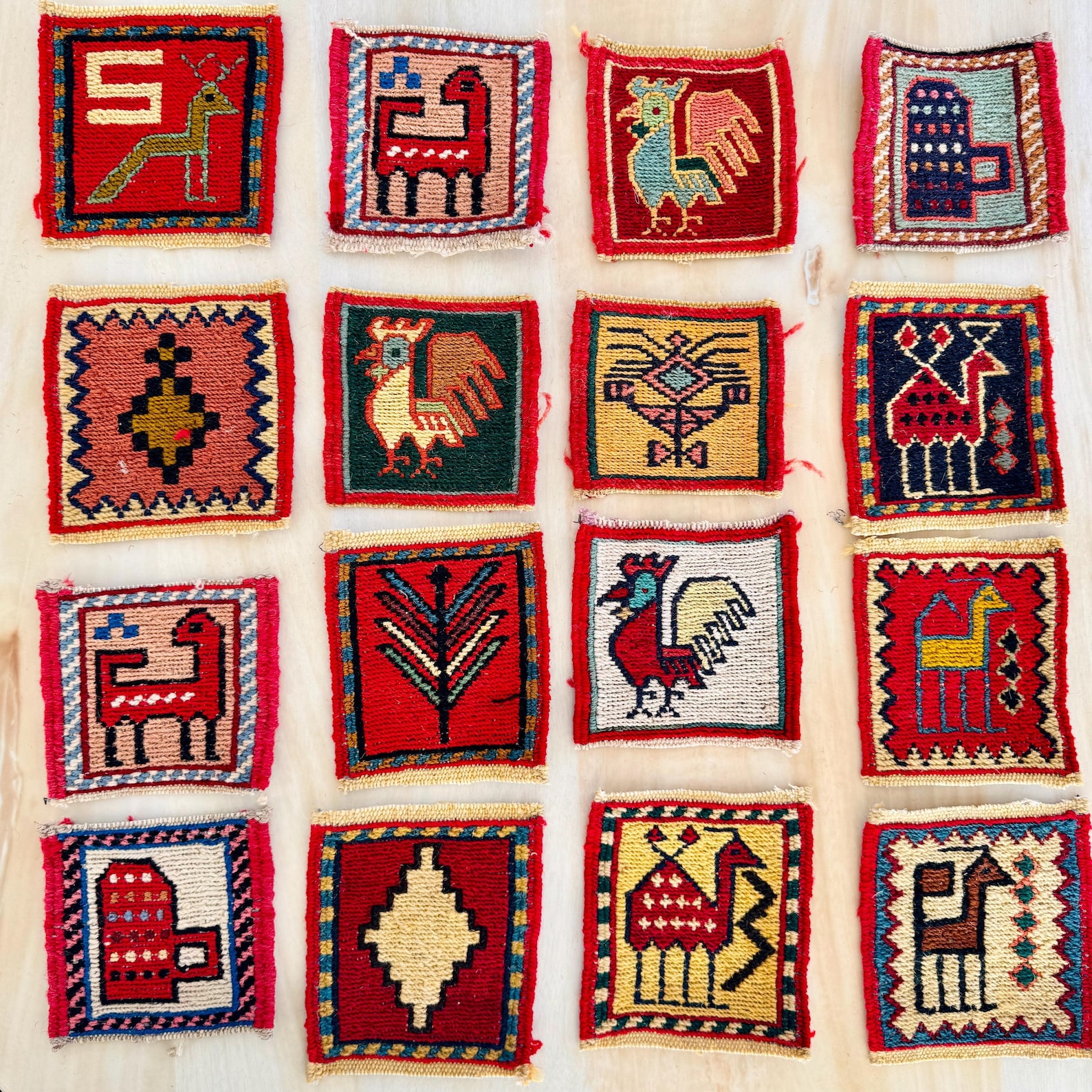 Mug Rug Coaster: Handwoven Wool - Tribal Animal Designs - Set of 8