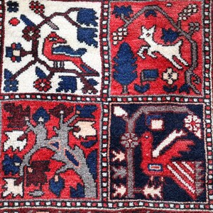 The image is a close-up of a vibrant, intricately designed rug with a variety of patterns and motifs. The rug features a mix of red, blue, and white colors, as well as various geometric shapes and figures, including animals, trees, and abstract designs. The overall composition of the image is visually striking and detailed, showcasing the craftsmanship and artistry involved in creating this textile.