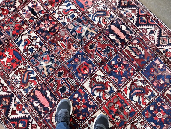 Vintage Red and Navy Garden Panel Wool Rug, Hand-Knotted, 5' 1" x 9' 6"