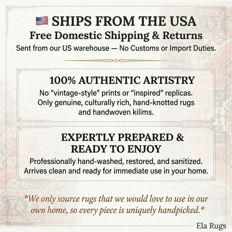 The image is a promotional graphic for Ela Rugs, a company that ships rugs from the USA. The graphic highlights the company's commitment to free domestic shipping and returns, 100% authentic artistry, and expertly prepared rugs that are ready to be enjoyed.