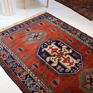 FLASH SALE! 5x7 Caucasian Lori Pambak Design Rug, Turkish Kazak Reproduction, Vintage Wool Rug, Handknotted, Bergama Anatolia, 5'3" x 6'11"